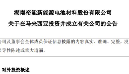 總投資9.5億元！湖南裕能擬在馬來西亞投建年產9萬噸鋰電正極材料項目